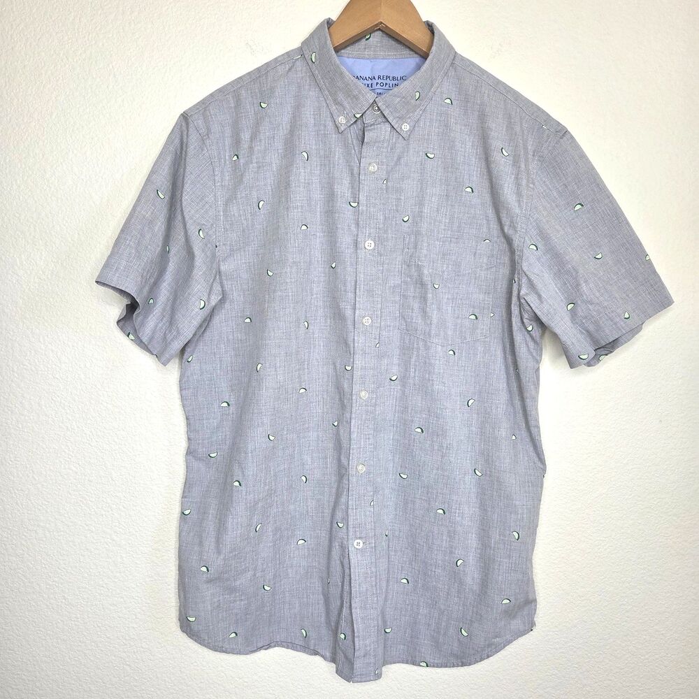 Banana Republic Men's Slim-fit Luxe Poplin Camp Shirt Gray Novelty Lime Print L